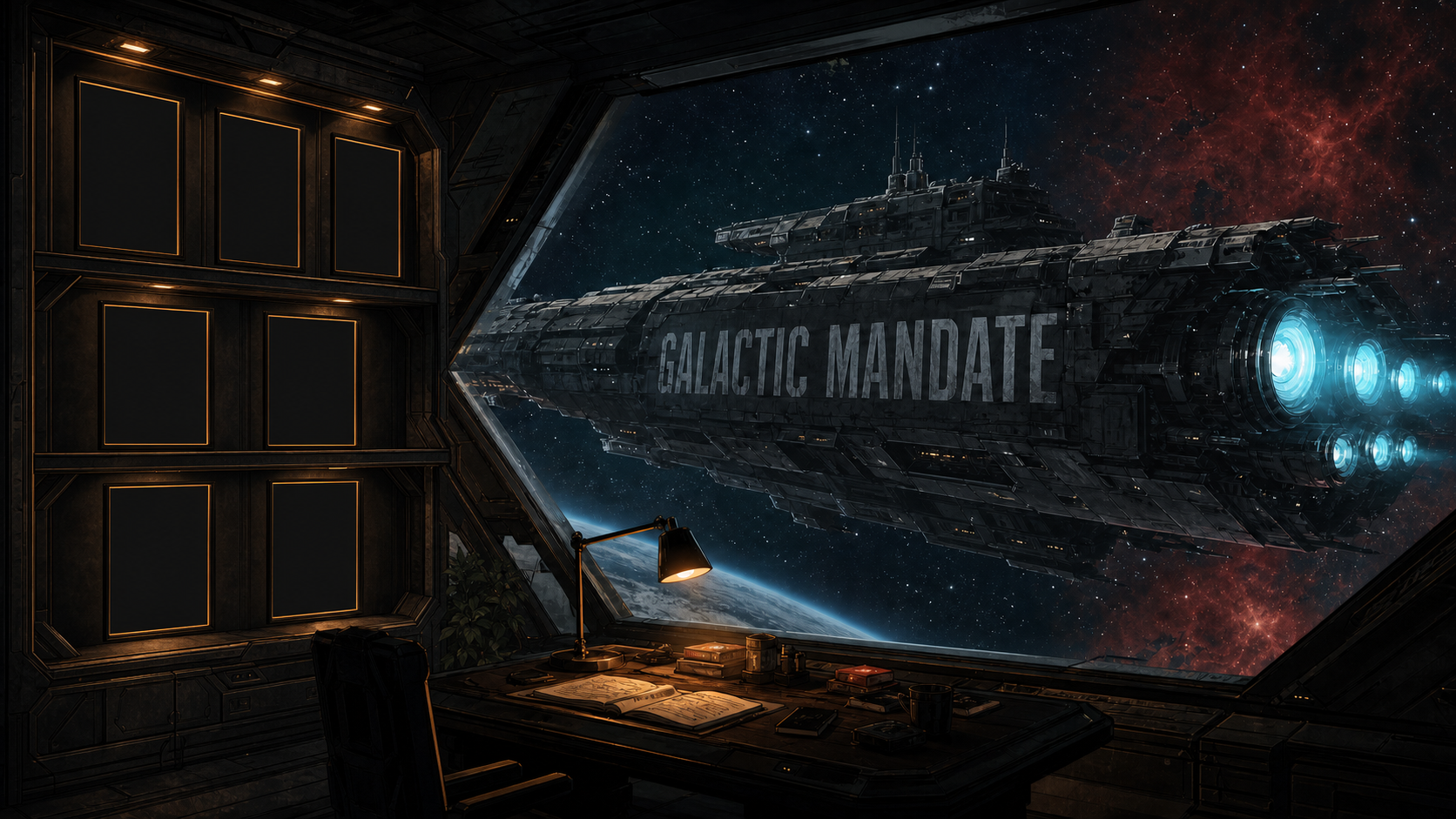 Galactic Mandate office book wall overlooking a starship
